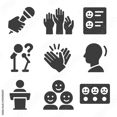 Public Speaking Icons. Solid, filled icons set of public speaking interaction: microphone with hand, audience