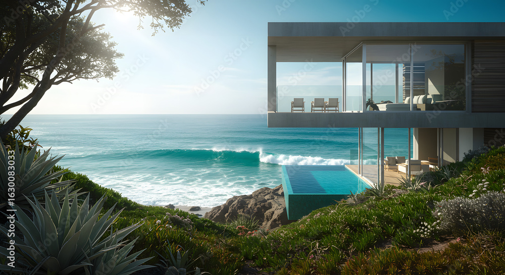 Fototapeta premium Oceanfront villa luxury home design modern architecture coastal living seaside residence vacation rental escape