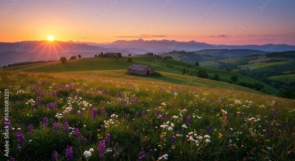 Obraz premium Picturesque Sunset Over a Meadow of Wildflowers with Rustic Stone Buildings in a Mountainous Landscape