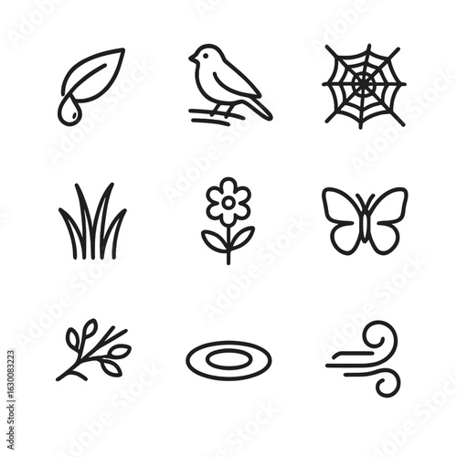 Morning Nature Icons. Outline icon set of morning nature: dewdrop on leaf, bird perched, spiderweb with dew, meadow grass,