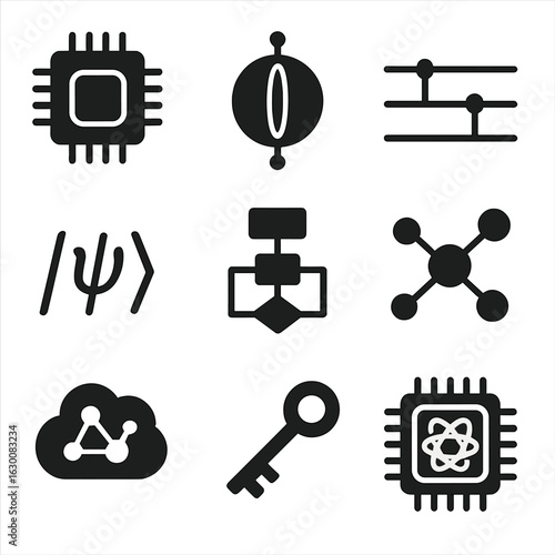 Quantum Computing Icons. Solid, filled icons set of quantum computing applications: quantum chip, qubit,