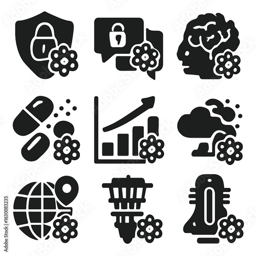Quantum Computing Icons. Solid, filled icons set of quantum computing impact: data security, encrypted
