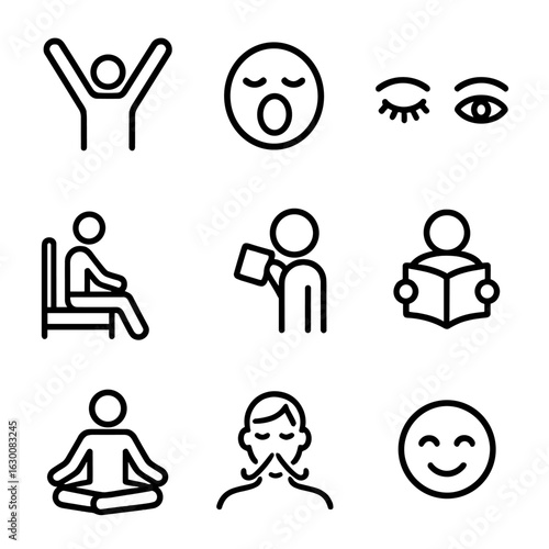 Morning Routine Icons. Outline icon set of awakening actions: stretching arms, waking up face, opening eyes, standing up, drinking