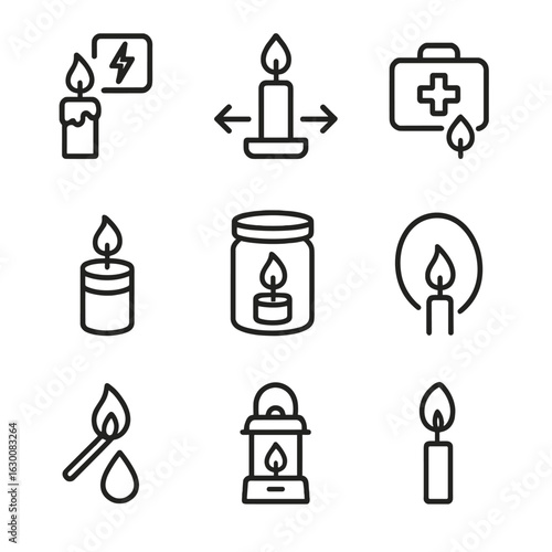 Emergency Candle Icons. Outline icon set of emergency lighting candles: power outage candle, safe path marker, emergency kit