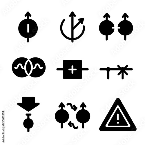 Quantum Computing Icon Set. Solid, filled icons set of quantum computing theory basics: qubit state,
