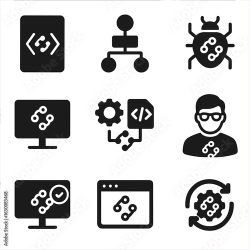 Quantum Programming Icons. Solid, filled icons set of quantum programming and development: quantum code,