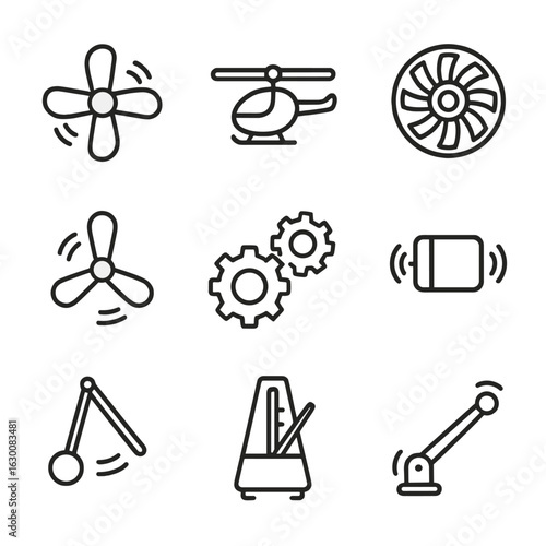Motion Icon Grid. Outline icon set of flutter mechanical motion: fan blades, helicopter rotor, turbine, propeller, gears spinning,
