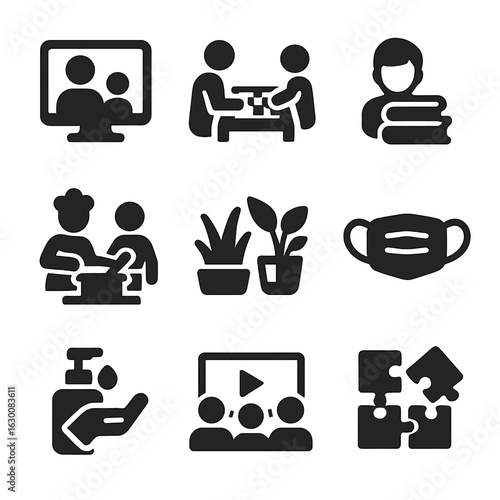 Quarantine Family Icons. Solid, filled icons set of family time and parenting during quarantine: video call,