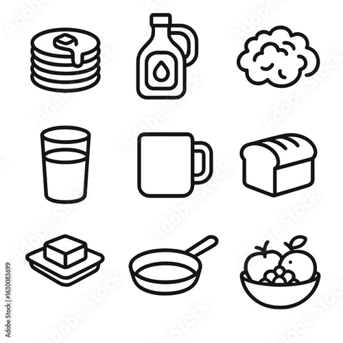 Quick Breakfast Icons. Outline icon set of quick breakfast preparation: pancake stack, syrup bottle, scrambled