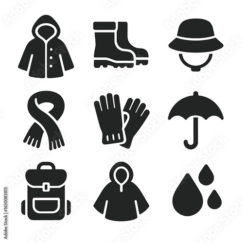 Rainy Day Essentials. Solid, filled icons set of rainy day outdoor gear: raincoat, waterproof boots, hat,
