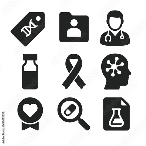 Rare Disease Icon Set. Solid, filled icons set of rare disease personalization: genetic disorder tag, unique