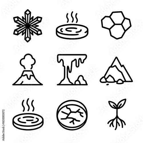Rare Formation Icons. Outline icon set of rare natural formations: ice crystal, hot sulfur spring, salt flat