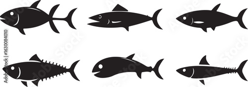 Set of various fish silhouettes isolated