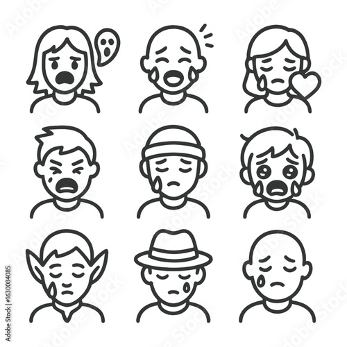 Movie Cry Icon Set. Outline icon set of cry in movies genres: horror cry, comedy tears, romance cry, action film scream, thriller