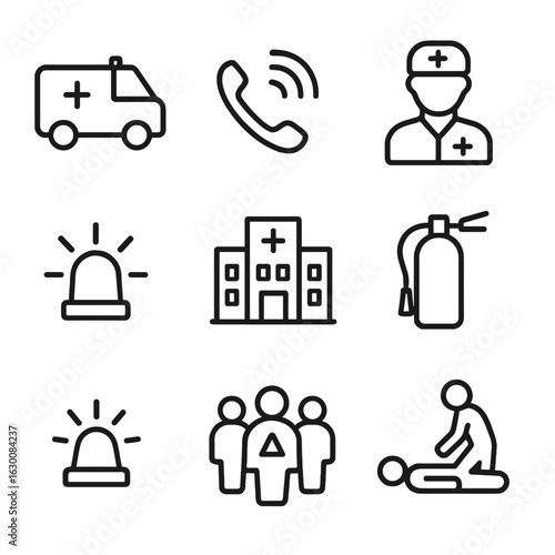 Emergency Response Icons. Outline icon set of trauma emergency response: ambulance, emergency call, paramedic, emergency light,