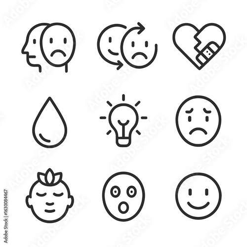 Emotion Icon Set. Outline icon set of change in emotions: mood swings, smile to frown, heart healing, tear drop, light bulb idea,