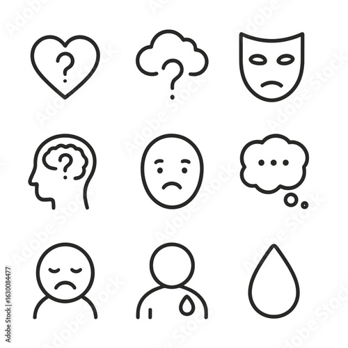 Emotion and Fear Icons. Outline icon set of unknown emotion: heart with question mark, mood cloud unknown, ambiguous expression