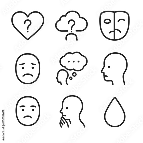 Emotion and Fear Icons. Outline icon set of unknown emotion: heart with question mark, mood cloud unknown, ambiguous expression