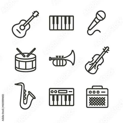 Music Instrument Icons. Outline icon set of mono music instruments: guitar, piano, microphone, drum, trumpet, violin, saxophone,