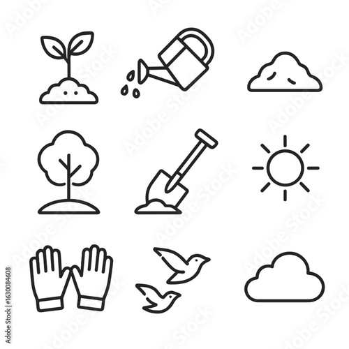Reforestation Icons Set. Outline icon set of reforestation efforts: sapling, watering can, soil, tree, shovel,