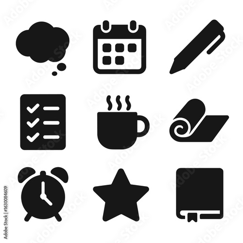Reflective Planning Icons. Solid, filled icons set of Reflecting and planning: thought bubble, calendar, pen,