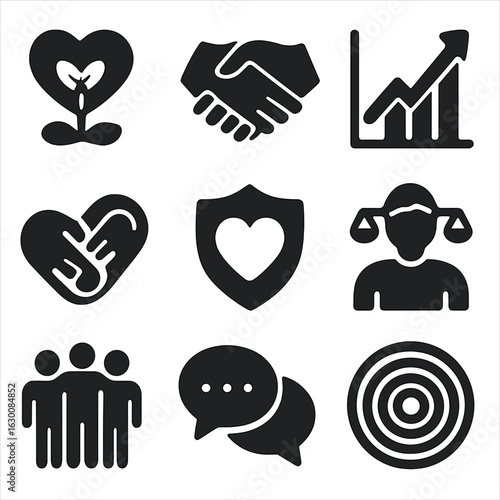 Relationship Icon Set. Solid, filled icons set of nurturing relationships: heart seedling, connected hands,