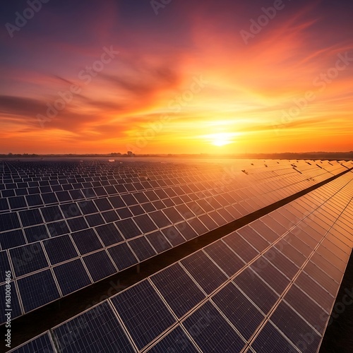 Extensive solar panel farm at sunset.