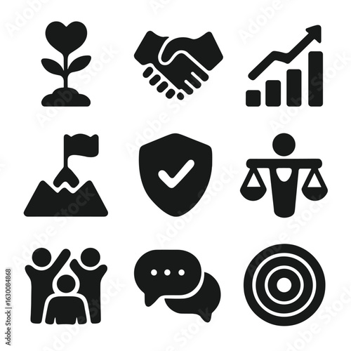 Relationship Icon Set. Solid, filled icons set of nurturing relationships: heart seedling, connected hands,