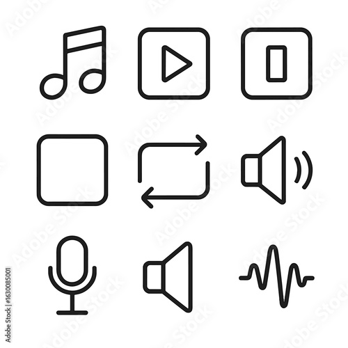Music Icon Set. Outline icon set of music sequence: notes, play, pause, stop, repeat, volume, microphone, speaker, waveform. Line