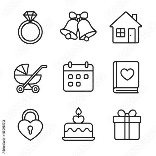 Relationship Icon Set. Outline icon set of relationship milestones: engagement ring, wedding bells, house,