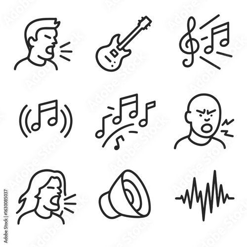 Music Icons Set. Outline icon set of howl in music: heavy metal scream, rock guitar, music crescendo, loud melody, vocal growl,