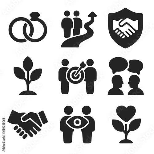 Relationship Icons Set. Solid, filled icons set of long-term relationship development: intertwined rings,