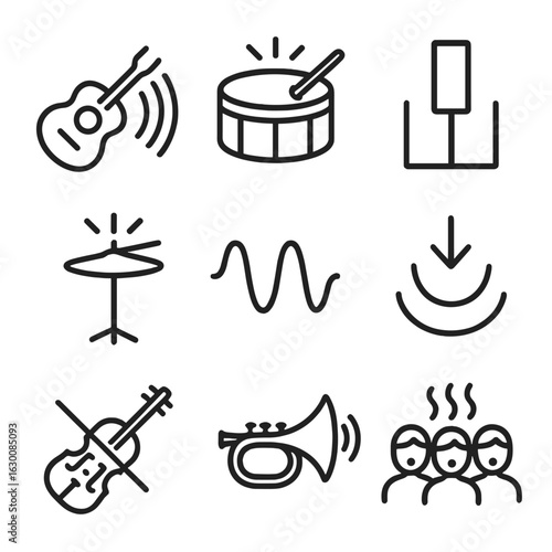 Musical Icon Set. Outline icon set of musical sound effects: guitar strum, drum beat, piano key, cymbal crash, synthesizer wave,