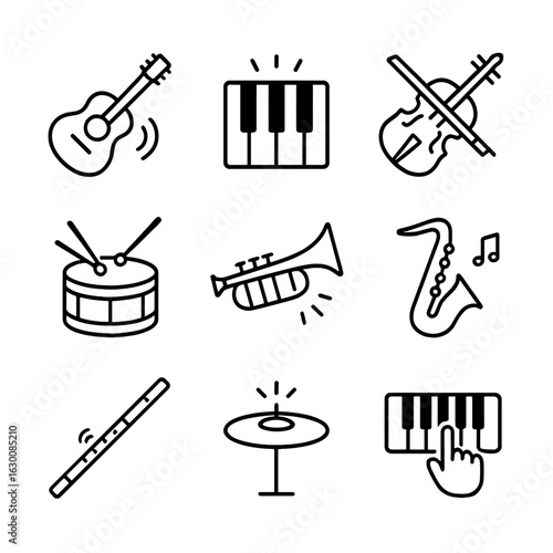 Musical Instrument Icons. Outline icon set of musical instrument noise: guitar strumming, piano keys, violin bow, drumbeat,