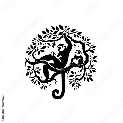 Silhouette of a gibbon monkey hanging from a tree branch with foliage