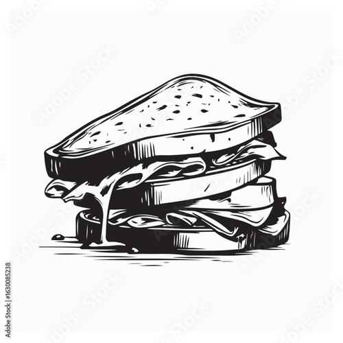 Delicious Fresh Sandwich with Meat, Cheese, and Vegetables on Rustic Wooden Table