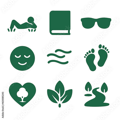 Relaxation in Nature Icons. Solid, filled icons set of relaxation in green spaces: laying on grass, closed