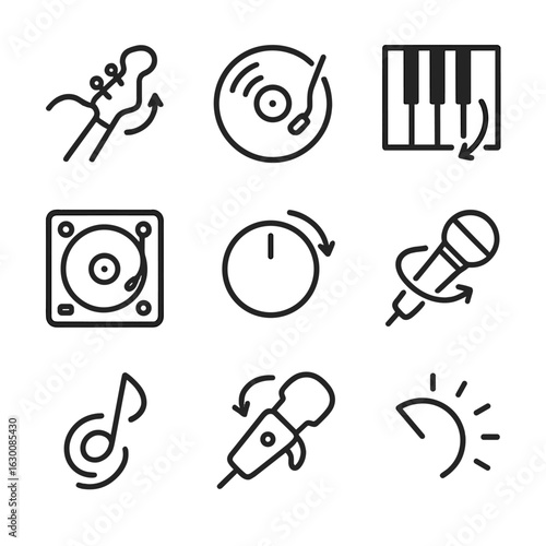 Musical Turn Icon Set. Outline icon set of musical turn techniques: guitar string bend, vinyl scratch, piano octave shift, DJ