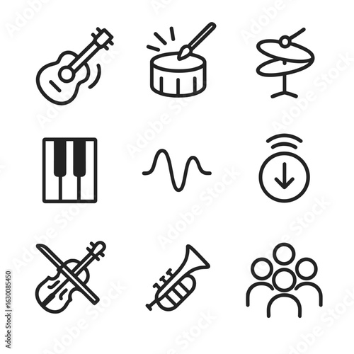 Musical Icon Set. Outline icon set of musical sound effects: guitar strum, drum beat, piano key, cymbal crash, synthesizer wave,