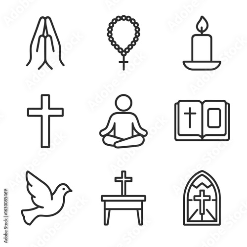 Religious Grief Icons. Outline icon set of The role of religion in coping with grief and loss: prayer hands,