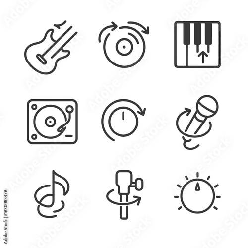 Musical Turn Icon Set. Outline icon set of musical turn techniques: guitar string bend, vinyl scratch, piano octave shift, DJ