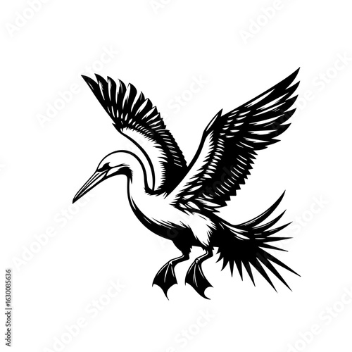 Black and white drawing of a seabird in flight isolated on white background