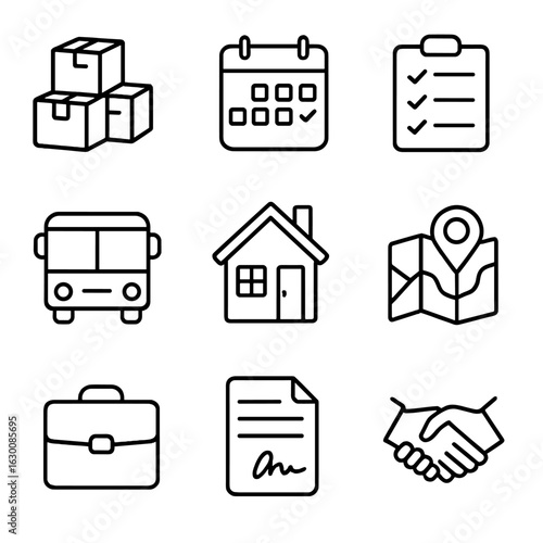 Relocation Assistance Icons. Outline icon set of relocation assistance: moving boxes, calendar, checklist, bus