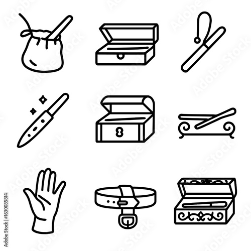 Mystical Icon Set. Outline icon set of wand holders: velvet pouch, wooden box, leather strap, magical sheath, enchanted chest,