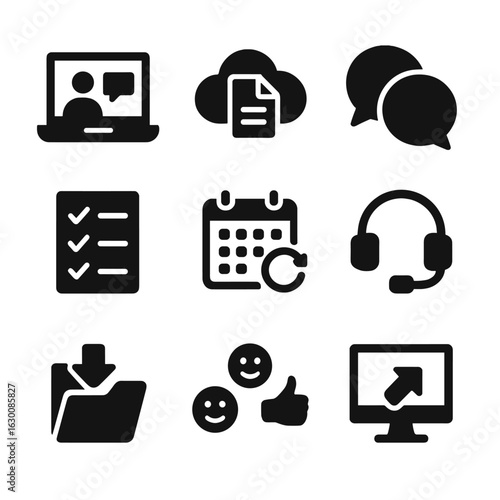 Remote Collaboration Icons. Solid, filled icons set of remote teamwork: video call, cloud docs, chat bubbles,