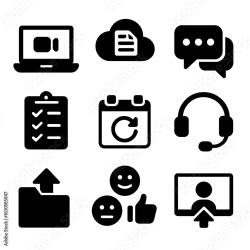 Remote Collaboration Icons. Solid, filled icons set of remote teamwork: video call, cloud docs, chat bubbles,