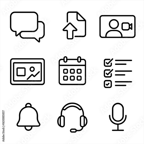 Remote Collaboration Icons. Outline icon set of remote collaboration: chat bubbles, file sharing, video call,