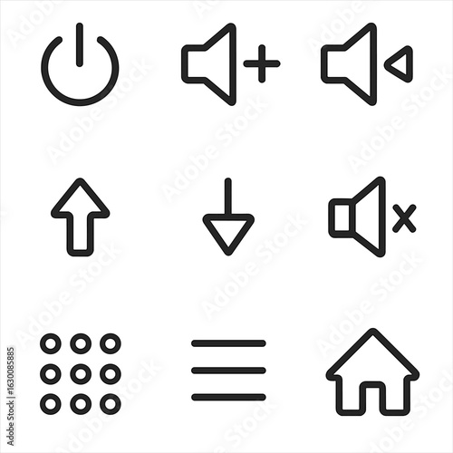 Remote Control Icons. Outline icon set of remote control buttons: power, volume up, volume down, channel up,
