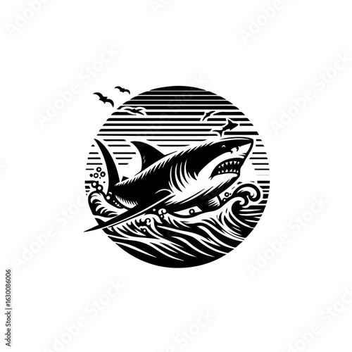 Aggressive shark breaching ocean waves in vintage illustration style