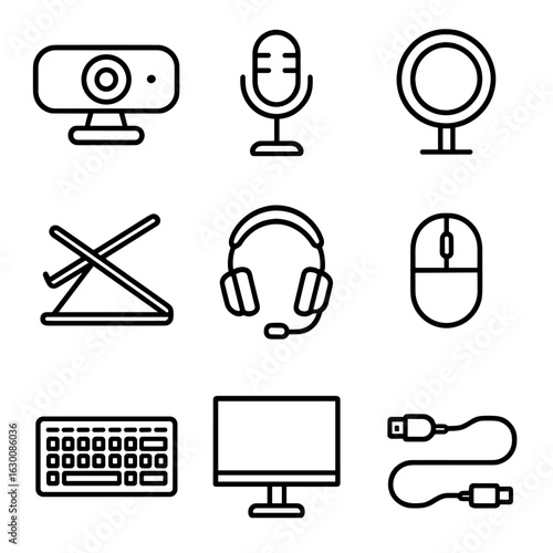 Remote Tutoring Icons. Outline icon set of remote tutoring equipment: webcam, microphone, ring light, laptop